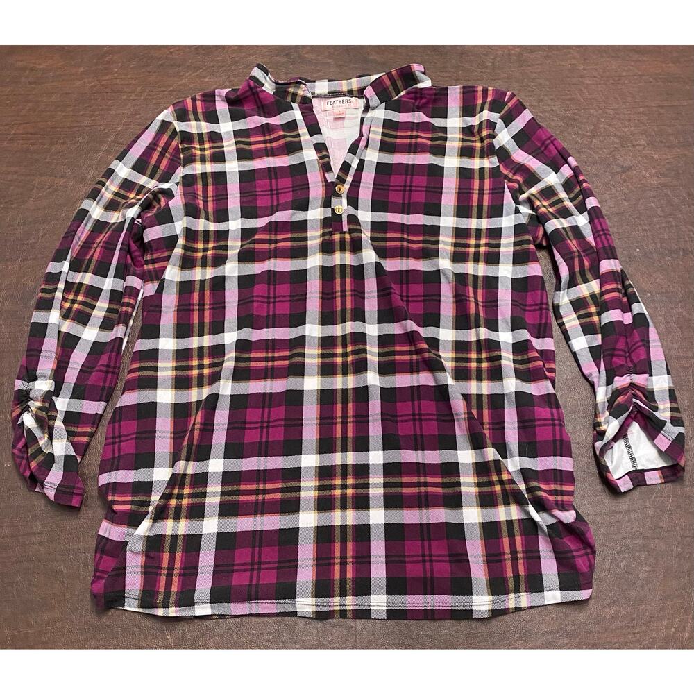 Feathers Maternity Plaid Tunic Top Large Pink Black Yellow Stretch Fall Layering